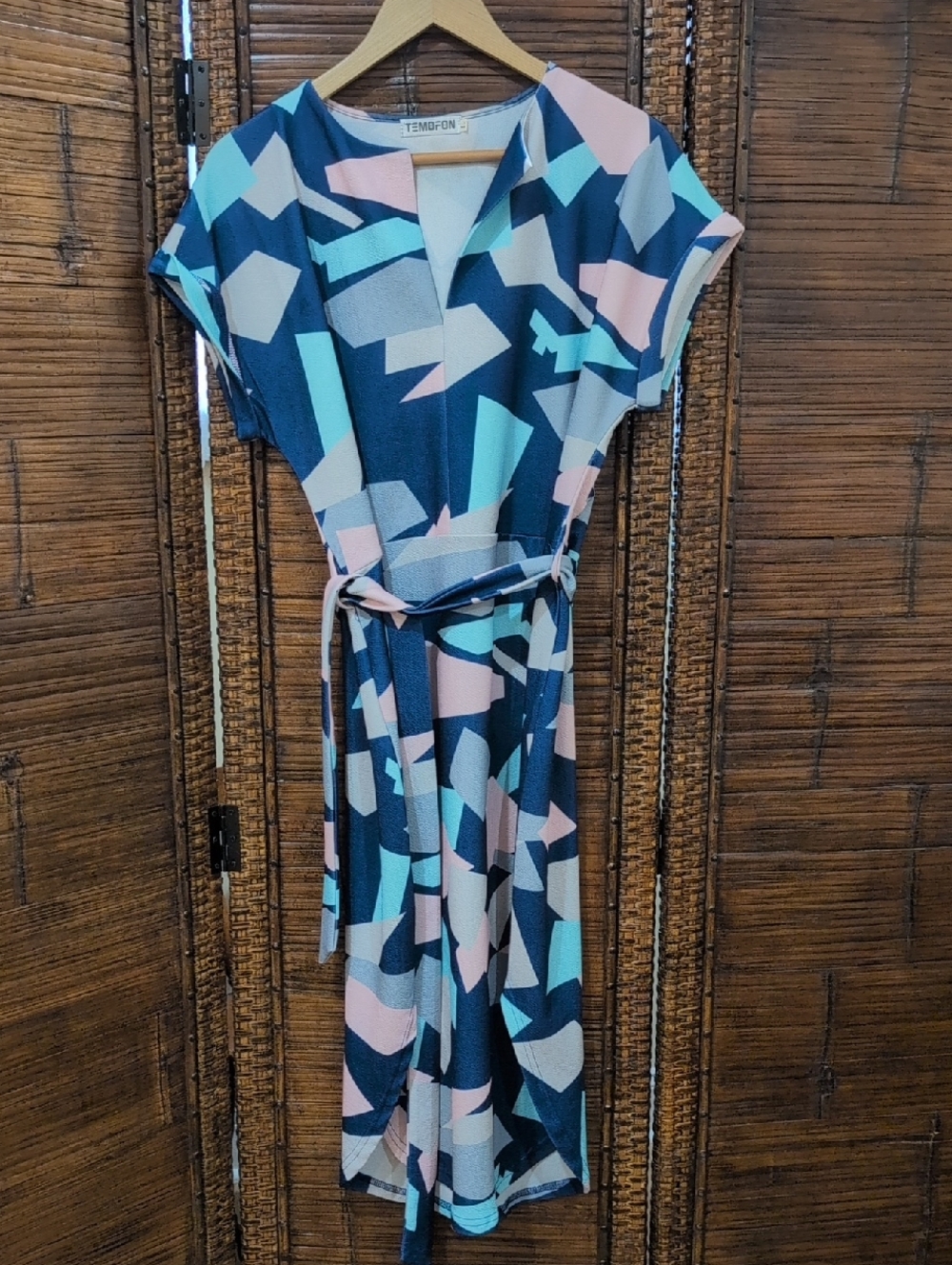 Tempon Navy Blue/ Pink Geometric Midi Dress with Tie Waist